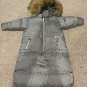 Gray Puffer Snowsuit with Faux Fur Hood